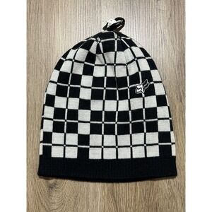 Y2K Fox Racing White Black Plaid Knitted Beanie Hat